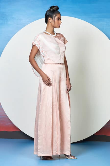 Shop_1999ad By Amita & Deepak_Peach Linen, Satin Embroidery Round Neck Aanya Placement Flower Top With Pant _Online_at_Aza_Fashions