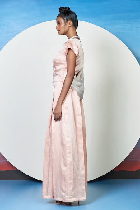 1999ad By Amita & Deepak_Peach Linen, Satin Embroidery Round Neck Aanya Placement Flower Top With Pant _at_Aza_Fashions