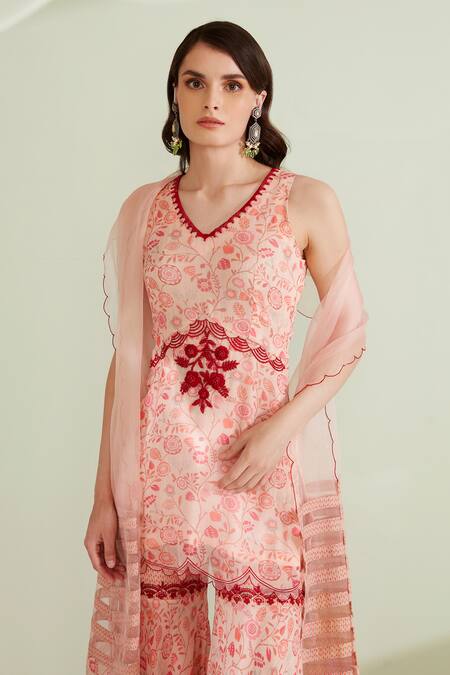 1999ad By Amita & Deepak_Peach Viscose, Georgette, Organza Embroidery, Beads Lara Kurta Sharara Set_Online_at_Aza_Fashions