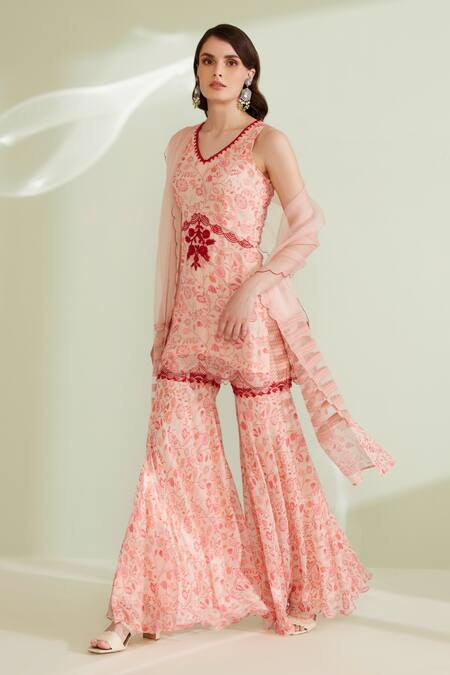 Buy_1999ad By Amita & Deepak_Peach Viscose, Georgette, Organza Embroidery, Beads Lara Kurta Sharara Set_Online_at_Aza_Fashions