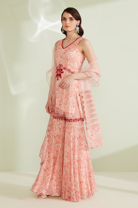 Shop_1999ad By Amita & Deepak_Peach Viscose, Georgette, Organza Embroidery, Beads Lara Kurta Sharara Set_Online_at_Aza_Fashions