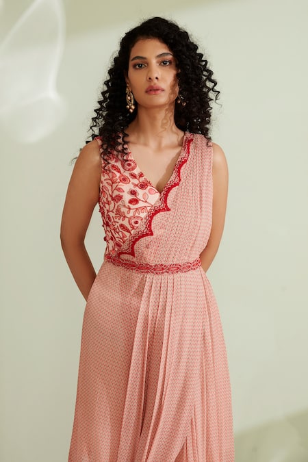 1999ad By Amita & Deepak_Peach Viscose, Georgette Embroidery, Beads V-neck Naisha Drape Dress _Online_at_Aza_Fashions