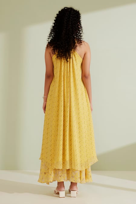 Shop 1999ad By Amita & Deepak Yellow Viscose, Georgette Halter Neck Embelia Kurta Pant Set at Aza Fashions Shop_1999ad By Amita & Deepak_Yellow Viscose, Georgette Halter Neck Embelia Kurta Pant Set _at_Aza_Fashions