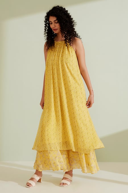 Buy 1999ad By Amita & Deepak Yellow Viscose, Georgette Halter Neck Embelia Kurta Pant Set Online at Aza Fashions Buy_1999ad By Amita & Deepak_Yellow Viscose, Georgette Halter Neck Embelia Kurta Pant Set _Online_at_Aza_Fashions