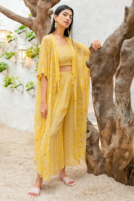 1999ad By Amita & Deepak_Yellow Viscose, Georgette Beads Open Neck, Eliza Floral Print Jacket Pant Set _Online_at_Aza_Fashions