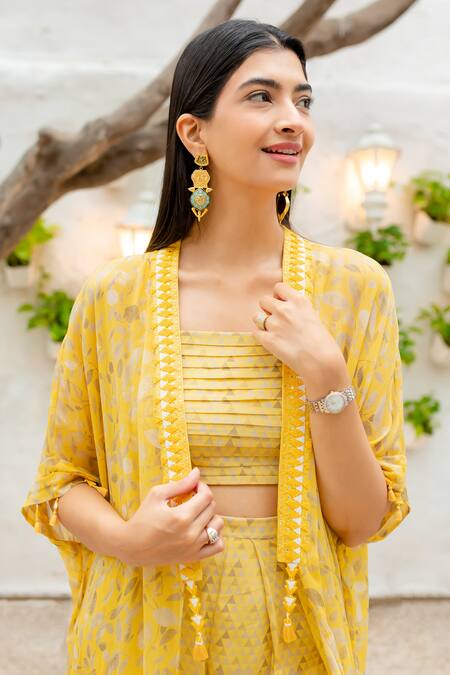 Buy_1999ad By Amita & Deepak_Yellow Viscose, Georgette Beads Open Neck, Eliza Floral Print Jacket Pant Set _Online_at_Aza_Fashions