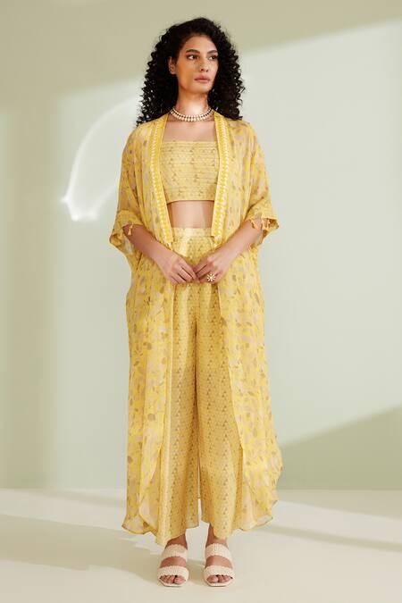 Shop_1999ad By Amita & Deepak_Yellow Viscose, Georgette Beads Open Neck, Eliza Floral Print Jacket Pant Set _Online_at_Aza_Fashions