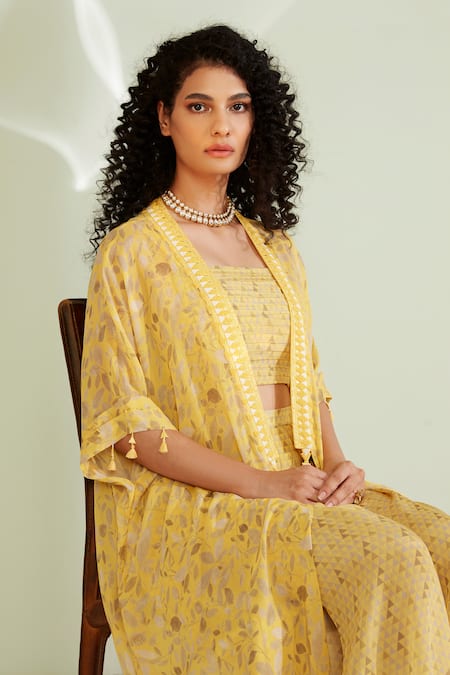Buy_1999ad By Amita & Deepak_Yellow Viscose, Georgette Beads Open Neck, Eliza Floral Print Jacket Pant Set 