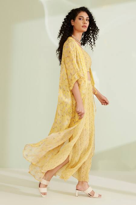 Shop_1999ad By Amita & Deepak_Yellow Viscose, Georgette Beads Open Neck, Eliza Floral Print Jacket Pant Set 