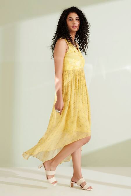 Shop_1999ad By Amita & Deepak_Yellow Viscose, Georgette Beads V-neck Blaine Geometric Print Dress _Online_at_Aza_Fashions