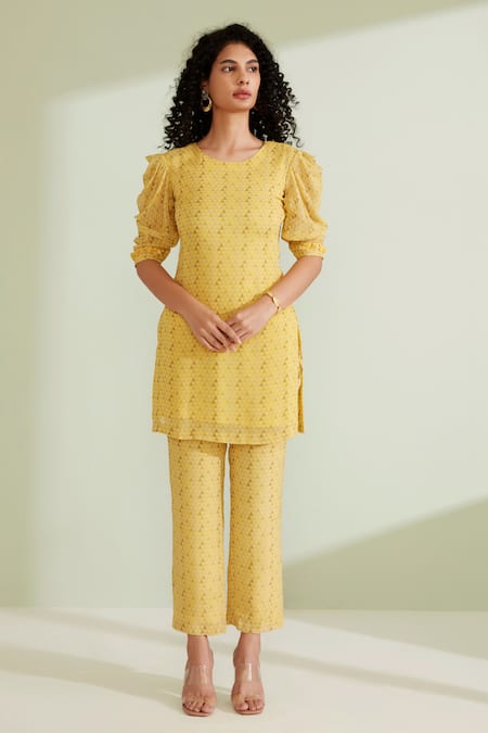 1999ad By Amita & Deepak Yellow Viscose, Georgette Embroidery Round Neck Kalina Top And Pant Set Online at Aza Fashions 1999ad By Amita & Deepak_Yellow Viscose, Georgette Embroidery Round Neck Kalina Top And Pant Set _Online_at_Aza_Fashions