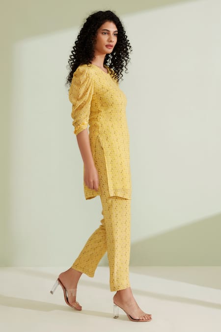 Shop 1999ad By Amita & Deepak Yellow Viscose, Georgette Embroidery Round Neck Kalina Top And Pant Set Online at Aza Fashions Shop_1999ad By Amita & Deepak_Yellow Viscose, Georgette Embroidery Round Neck Kalina Top And Pant Set _Online_at_Aza_Fashions