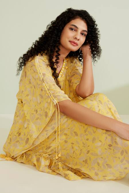 Shop_1999ad By Amita & Deepak_Yellow Viscose, Georgette V-neck Leilani Floral Print Kaftan _Online_at_Aza_Fashions