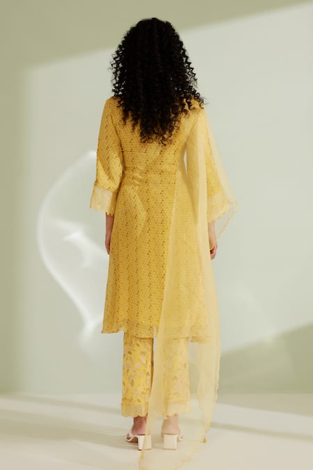 Shop 1999ad By Amita & Deepak Yellow Viscose, Georgette Embroidery Round Neck Nasrin Kurta Pant Set at Aza Fashions Shop_1999ad By Amita & Deepak_Yellow Viscose, Georgette Embroidery Round Neck Nasrin Kurta Pant Set _at_Aza_Fashions