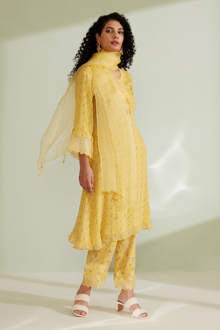 Buy 1999ad By Amita & Deepak Yellow Viscose, Georgette Embroidery Round Neck Nasrin Kurta Pant Set Online at Aza Fashions Buy_1999ad By Amita & Deepak_Yellow Viscose, Georgette Embroidery Round Neck Nasrin Kurta Pant Set _Online_at_Aza_Fashions