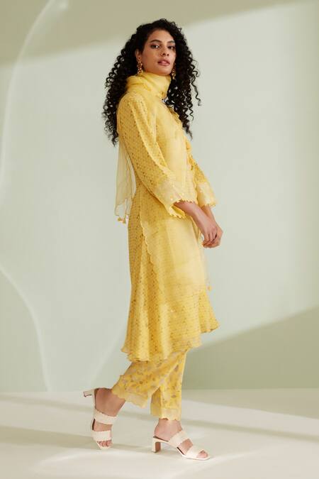 Shop 1999ad By Amita & Deepak Yellow Viscose, Georgette Embroidery Round Neck Nasrin Kurta Pant Set Online at Aza Fashions Shop_1999ad By Amita & Deepak_Yellow Viscose, Georgette Embroidery Round Neck Nasrin Kurta Pant Set _Online_at_Aza_Fashions