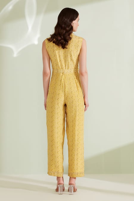 Shop 1999ad By Amita & Deepak Yellow Crepe Collared Rayen Geometric Print Jumpsuit at Aza Fashions Shop_1999ad By Amita & Deepak_Yellow Crepe Collared Rayen Geometric Print Jumpsuit _at_Aza_Fashions