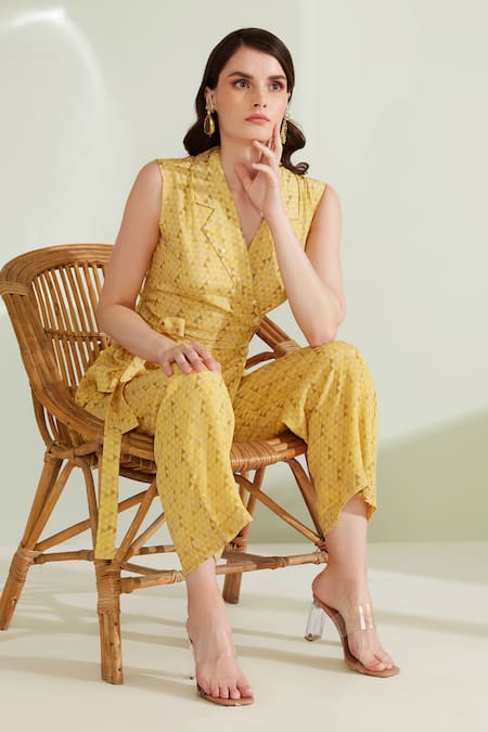 Buy 1999ad By Amita & Deepak Yellow Crepe Collared Rayen Geometric Print Jumpsuit Online at Aza Fashions Buy_1999ad By Amita & Deepak_Yellow Crepe Collared Rayen Geometric Print Jumpsuit _Online_at_Aza_Fashions