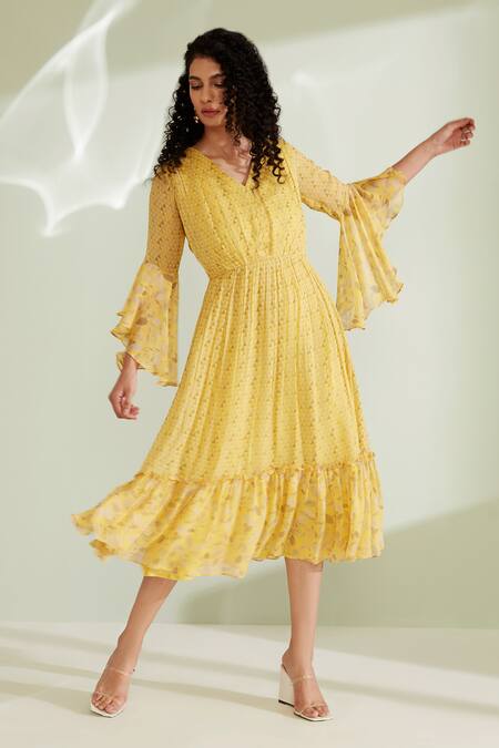 1999ad By Amita & Deepak_Yellow Georgette V-neck Geometric Print Dress _Online_at_Aza_Fashions