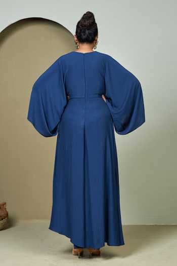 1999ad By Amita & Deepak_Blue Satin V-neck Corbin Kaftan Dress _Online_at_Aza_Fashions