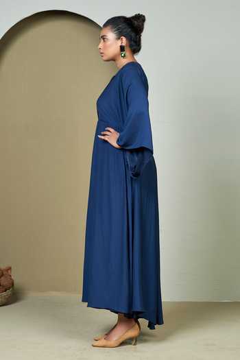 Buy_1999ad By Amita & Deepak_Blue Satin V-neck Corbin Kaftan Dress _Online_at_Aza_Fashions