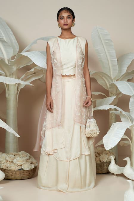 Buy 1999ad By Amita & Deepak Peach Organza Embroidery Open , Round Joy Jacket And Skirt Set Online at Aza Fashions Buy_1999ad By Amita & Deepak_Peach Organza Embroidery Open , Round Joy Jacket And Skirt Set _Online_at_Aza_Fashions