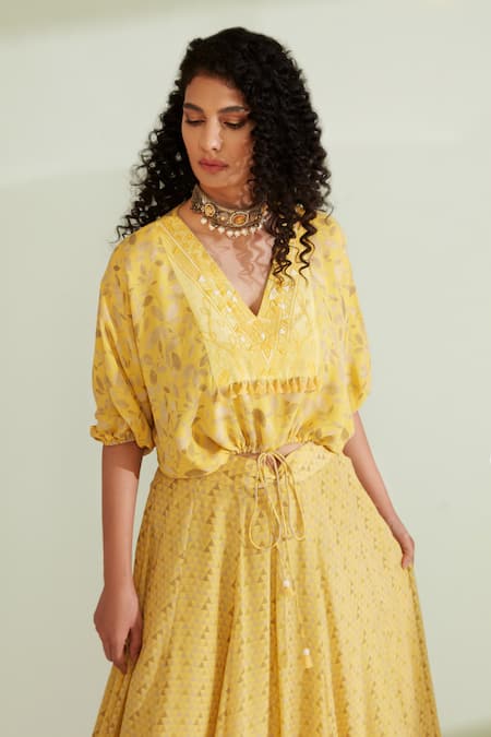 Buy 1999ad By Amita & Deepak Yellow Viscose, Georgette Embroidery, Beads Begonia Geometric Print Skirt Set Online at Aza Fashions Buy_1999ad By Amita & Deepak_Yellow Viscose, Georgette Embroidery, Beads Begonia Geometric Print Skirt Set _Online_at_Aza_Fashions
