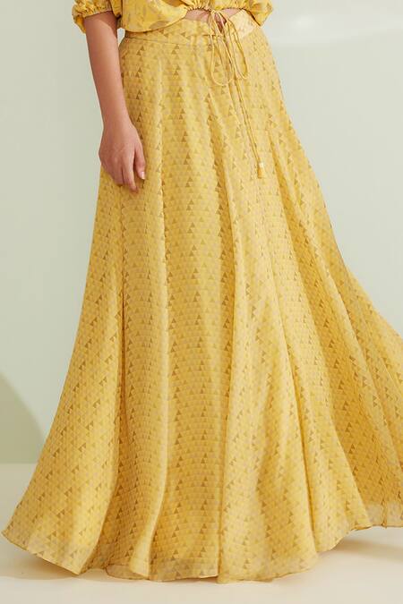 Shop 1999ad By Amita & Deepak Yellow Viscose, Georgette Embroidery, Beads Begonia Geometric Print Skirt Set Online at Aza Fashions Shop_1999ad By Amita & Deepak_Yellow Viscose, Georgette Embroidery, Beads Begonia Geometric Print Skirt Set _Online_at_Aza_Fashions