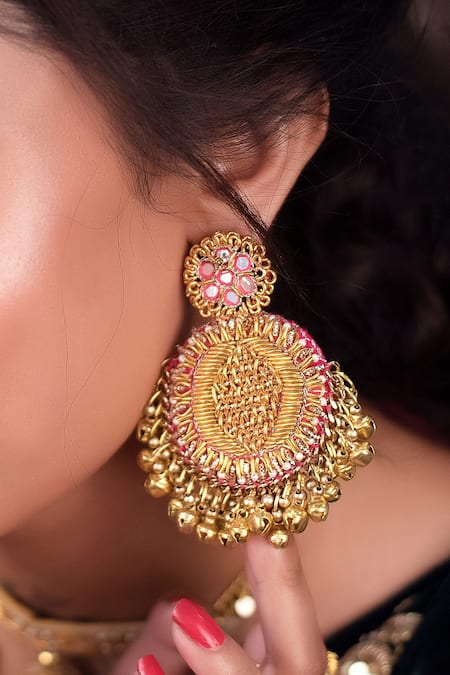 Kanyaadhan By Dhirajaayushi Gold Plated Mirrors, Diamonds, Tassels Thread Embroidered Earrings 