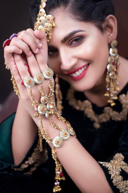 Shop_Kanyaadhan By Dhirajaayushi_Gold Plated Sequins, Stones, Gota Patti Embroidered Necklace Set _Online_at_Aza_Fashions