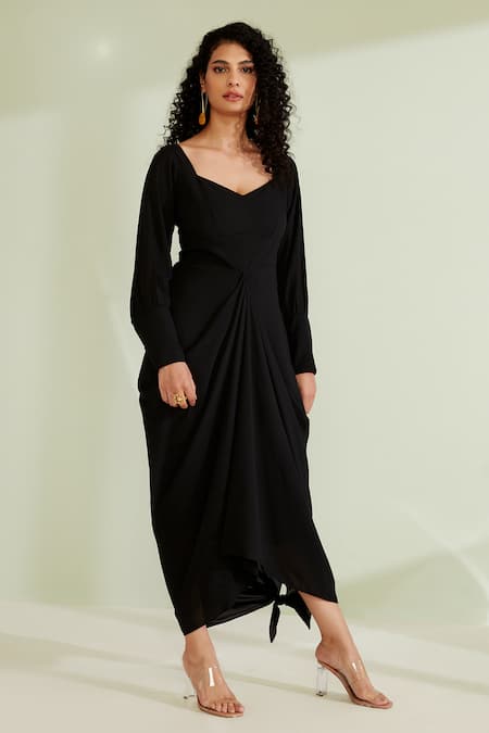 Shop 1999ad By Amita & Deepak Black Crepe V-neck Zaynab Solid Draped Dress Online at Aza Fashions Shop_1999ad By Amita & Deepak_Black Crepe V-neck Zaynab Solid Draped Dress _Online_at_Aza_Fashions