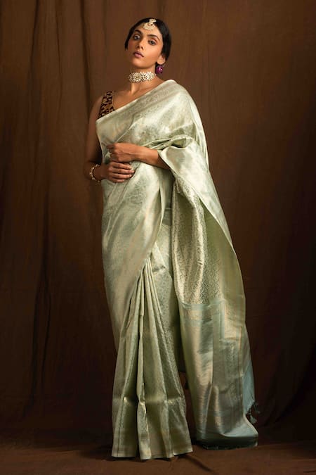 Shop_Devissha_Green Pure Katan Silk Handcrafted Handloom Banarasi Saree _at_Aza_Fashions