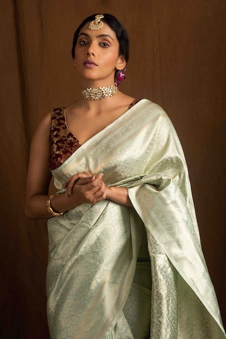 Devissha_Green Pure Katan Silk Handcrafted Handloom Banarasi Saree _Online_at_Aza_Fashions