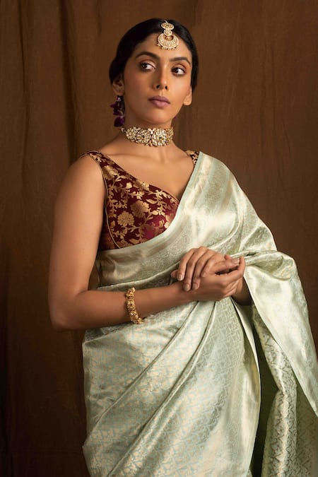 Shop_Devissha_Green Pure Katan Silk Handcrafted Handloom Banarasi Saree _Online_at_Aza_Fashions