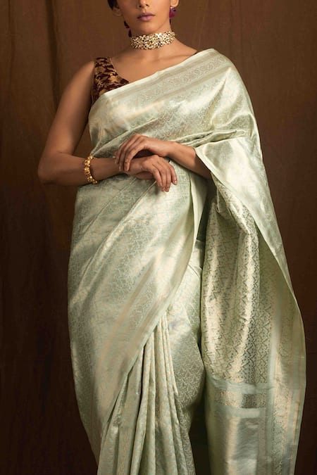 Devissha_Green Pure Katan Silk Handcrafted Handloom Banarasi Saree _at_Aza_Fashions