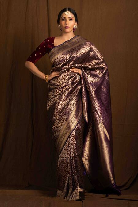 Buy_Devissha_Purple Kota Doria, Silk Zari, Embroidery Katan Handloom Banarasi Saree_Online_at_Aza_Fashions