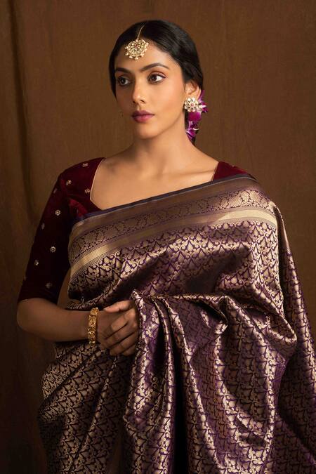 Shop_Devissha_Purple Kota Doria, Silk Zari, Embroidery Katan Handloom Banarasi Saree_Online_at_Aza_Fashions