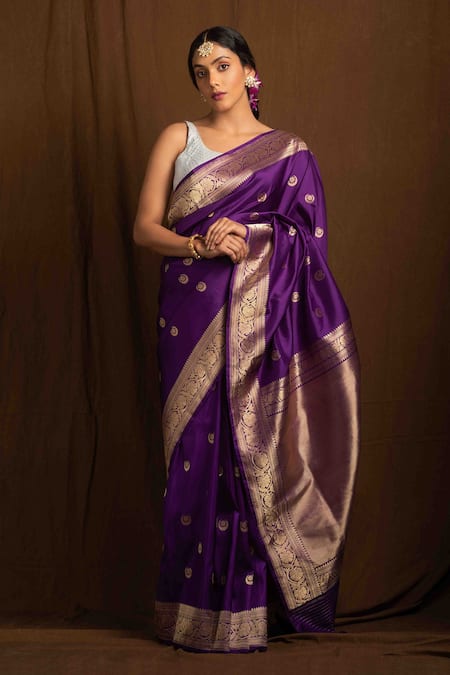 Devissha Purple Pure Katan Silk Handcrafted Handloom Banarasi Saree