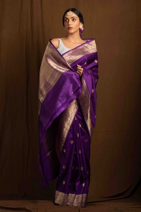Shop_Devissha_Purple Pure Katan Silk Handloom Banarasi Saree With Running Blouse Piece _at_Aza_Fashions