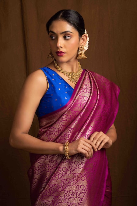Devissha_Pink Brocade, Silk Embroidery Banarasi Botanic Pattern Saree _Online_at_Aza_Fashions
