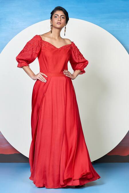 Shop 1999ad By Amita & Deepak Red Organza Embroidery Sweetheart Neck Chrys Rosette Gown Shop_1999ad By Amita & Deepak_Red Organza Embroidery Sweetheart Neck Chrys Rosette Gown