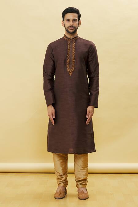 Arihant Rai Sinha_Brown Silk Embroidery Placket Straight Kurta And Churidar Set _Online_at_Aza_Fashions