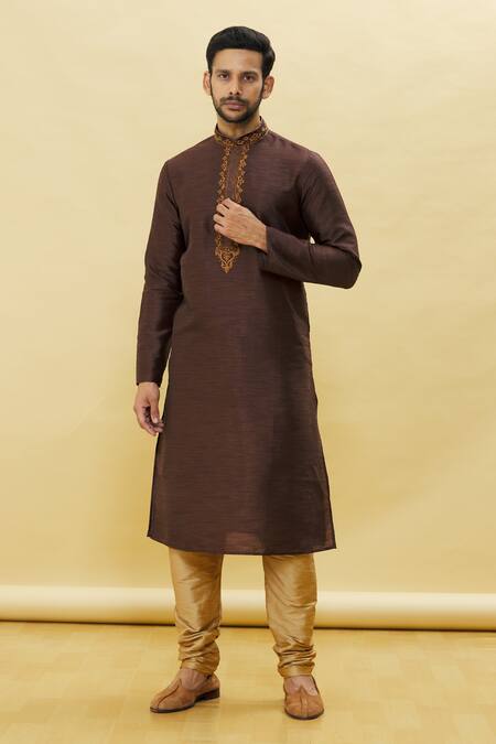 Buy_Arihant Rai Sinha_Brown Silk Embroidery Placket Straight Kurta And Churidar Set _Online_at_Aza_Fashions