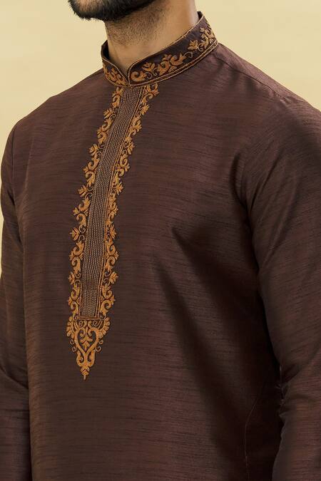 Shop_Arihant Rai Sinha_Brown Silk Embroidery Placket Straight Kurta And Churidar Set _Online_at_Aza_Fashions
