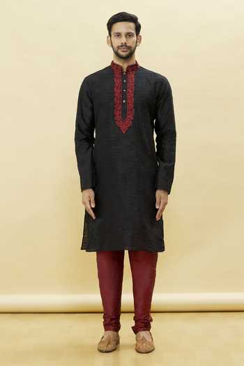 Arihant Rai Sinha Black Silk Embroidery Solid Straight Kurta And Churidar Set Online at Aza Fashions Arihant Rai Sinha_Black Silk Embroidery Solid Straight Kurta And Churidar Set _Online_at_Aza_Fashions