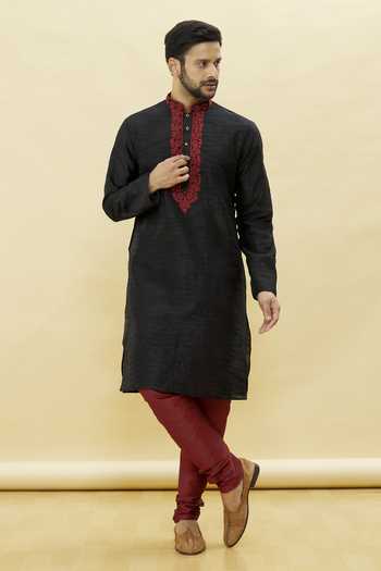 Buy Arihant Rai Sinha Black Silk Embroidery Solid Straight Kurta And Churidar Set Online at Aza Fashions Buy_Arihant Rai Sinha_Black Silk Embroidery Solid Straight Kurta And Churidar Set _Online_at_Aza_Fashions