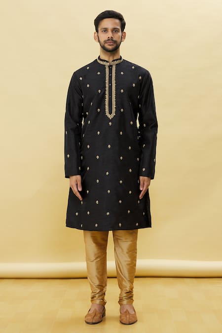Buy Arihant Rai Sinha Black Silk Embroidery Straight Floral Kurta And Churidar Set Online at Aza Fashions Buy_Arihant Rai Sinha_Black Silk Embroidery Straight Floral Kurta And Churidar Set_Online_at_Aza_Fashions