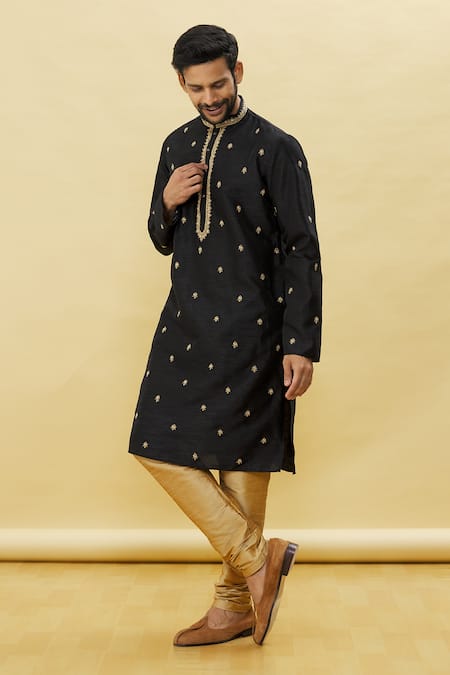 Shop Arihant Rai Sinha Black Silk Embroidery Straight Floral Kurta And Churidar Set Online at Aza Fashions Shop_Arihant Rai Sinha_Black Silk Embroidery Straight Floral Kurta And Churidar Set_Online_at_Aza_Fashions