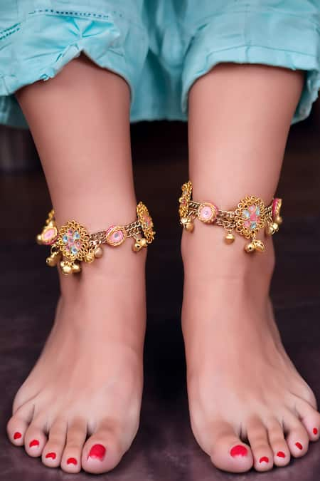 Kanyaadhan By DhirajAayushi Multi Color Thread Ghungroo Hand Embroidered Anklet - Set Of 2 