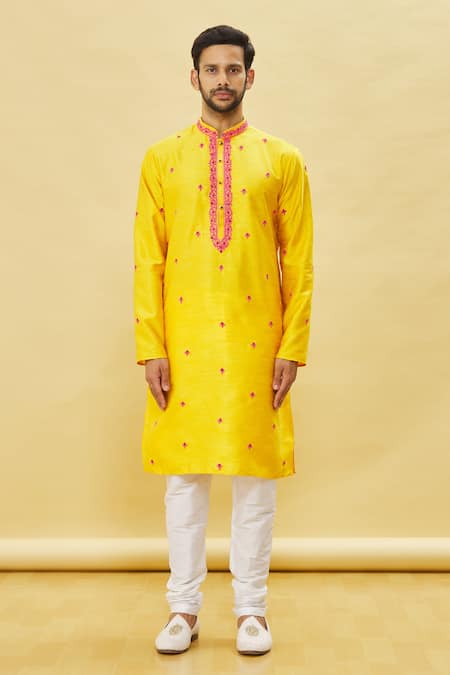 Arihant Rai Sinha Yellow Silk Embroidery Floral Kurta And Churidar Set Online at Aza Fashions Arihant Rai Sinha_Yellow Silk Embroidery Floral Kurta And Churidar Set _Online_at_Aza_Fashions